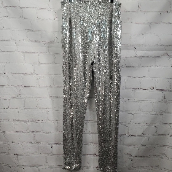 Tipsy Elves Silver Sequin High Waisted Leggings Women's Size L NWT - Picture 5 of 13